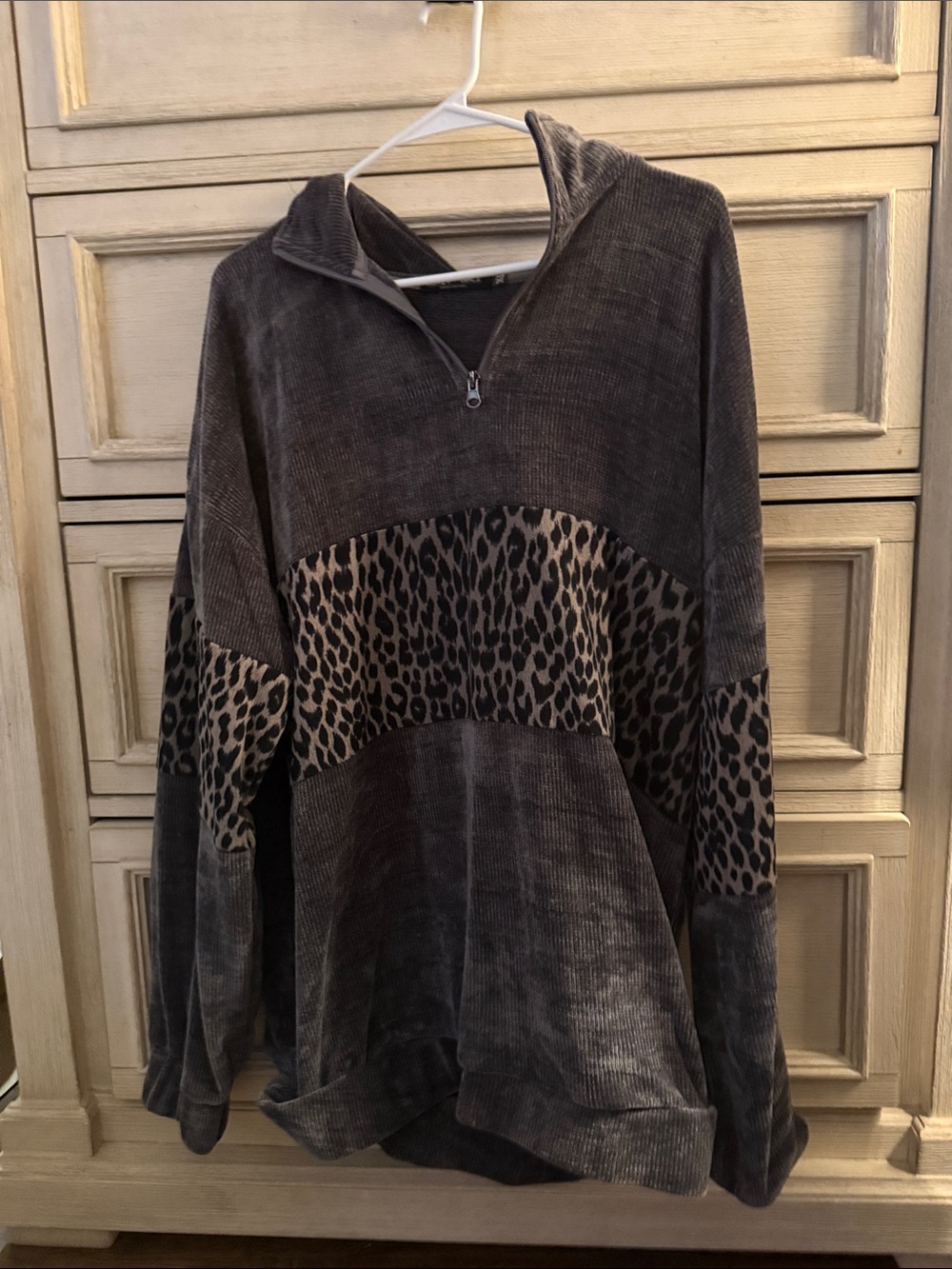 Cozy Charcoal Half-Zip Sweater with Leopard Band
